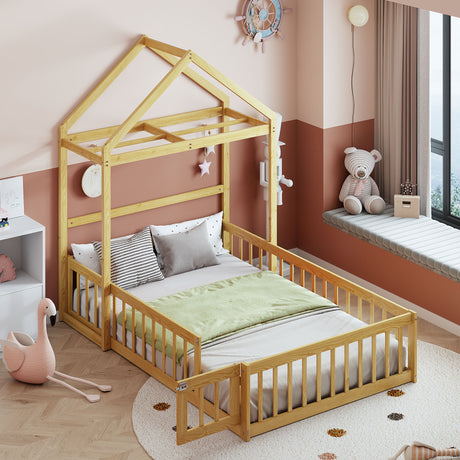Wooden Full Size Children's Bed with Detachable Headboard and Integrated Clothes Drying Rack, Natural - V.I.P Digital Presence