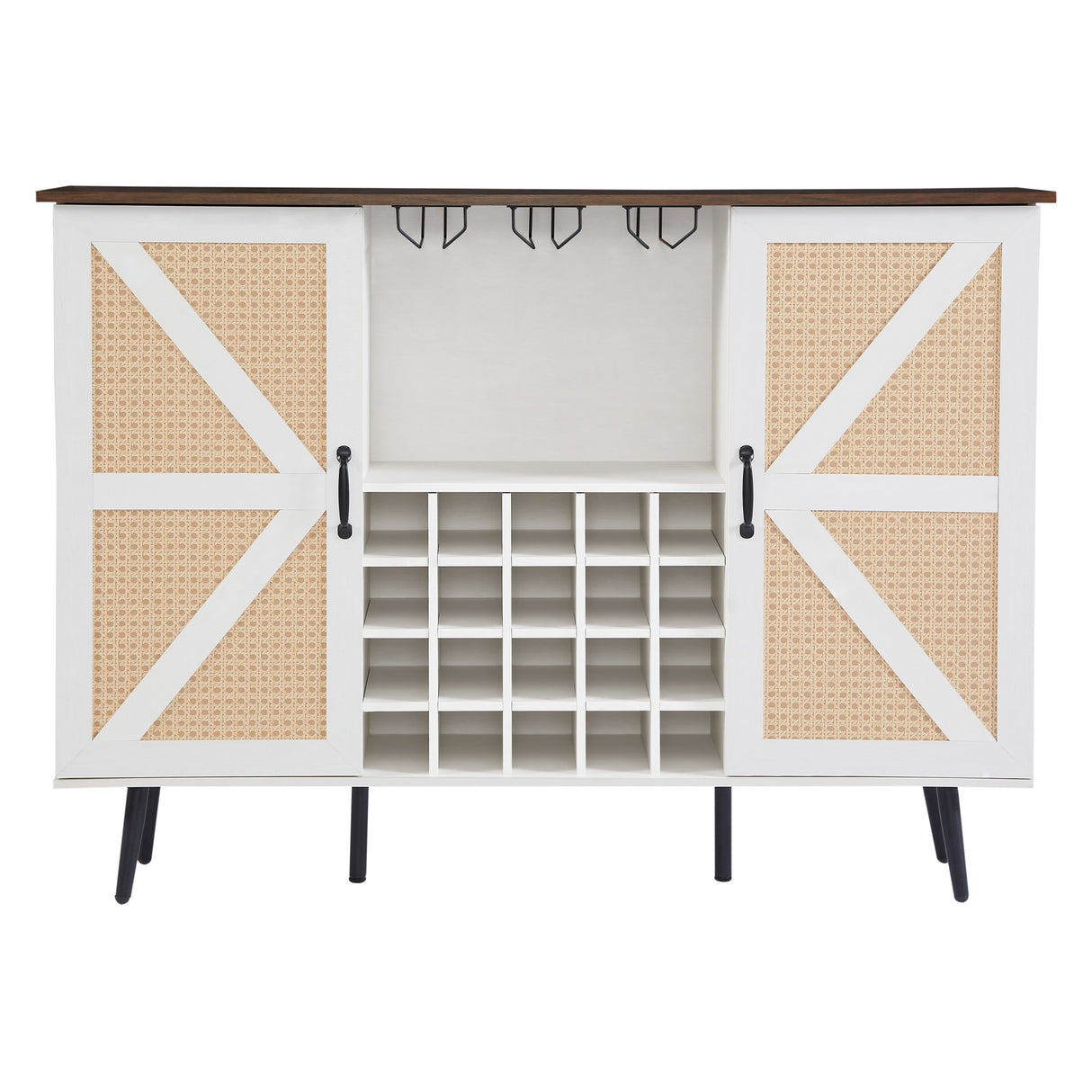 White Faux Rattan Barn Door Wine Cabinet with Wine Rack and Wine Glass Rack, Double Door Design with Removable Shelves - V.I.P Digital Presence