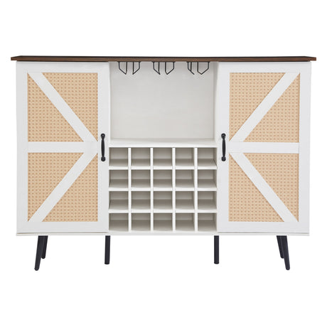 White Faux Rattan Barn Door Wine Cabinet with Wine Rack and Wine Glass Rack, Double Door Design with Removable Shelves - V.I.P Digital Presence