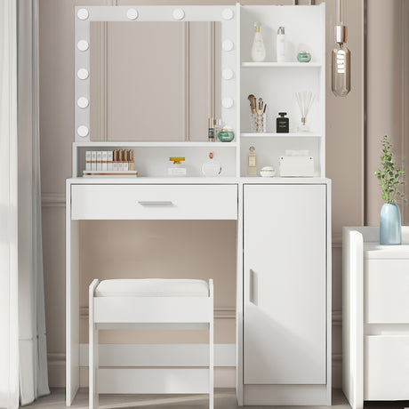 Large drawer with mirror and light, three-layer storage vanity, adjustable brightness for 3 lighting modes (white with stool) - V.I.P Digital Presence