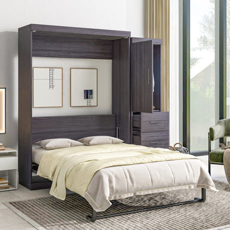Full Size Murphy Bed with Wardrobe and Drawers, Storage Bed, can be Folded into a Cabinet, Gray - V.I.P Digital Presence