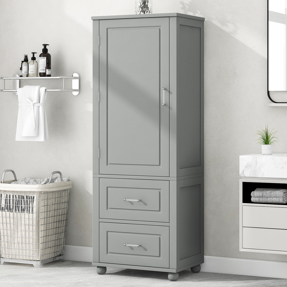 Tall Bathroom Storage Cabinet, Freestanding Storage Cabinet with Two Drawers and Adjustable Shelf, MDF Board , Grey - V.I.P Digital Presence