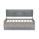 Twin Size Wooden Captain Bed with Built-in Bookshelves,Three Storage Drawers and Trundle Light Grey