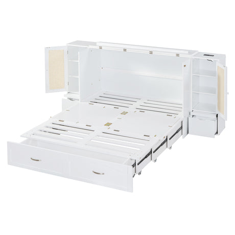 Large Murphy bed wall mounted bed with drawers, 2 storage cabinets, 1 set of sockets and USB ports, white - V.I.P Digital Presence