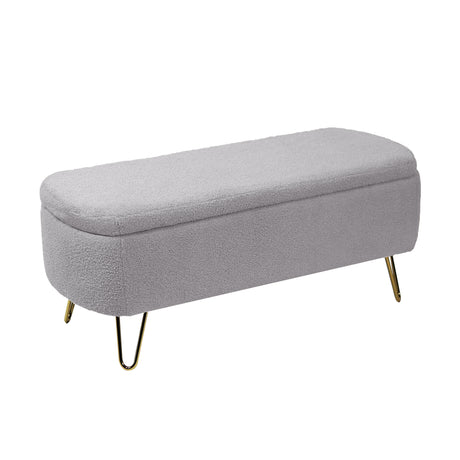 Grey Storage Ottoman Bench for End of Bed Gold Legs Modern Grey Faux Fur Entryway Bench - V.I.P Digital Presence