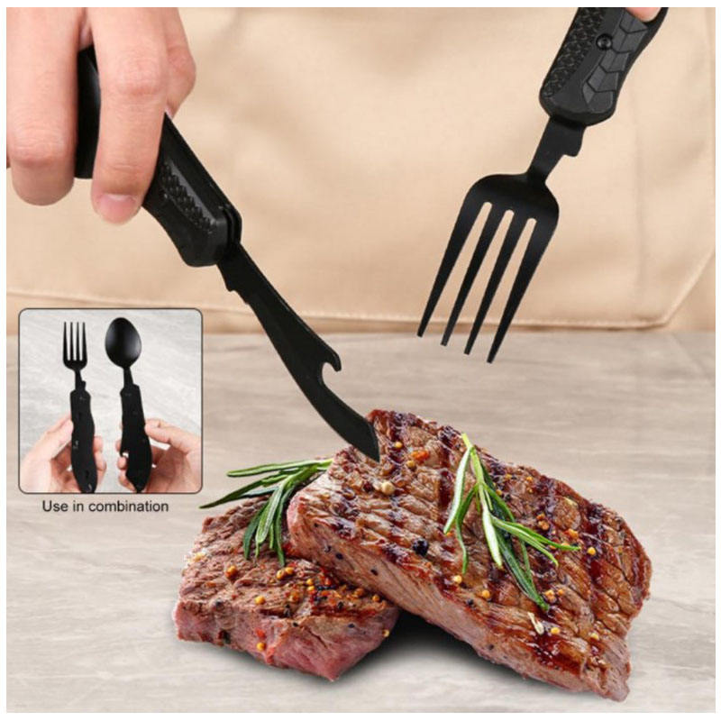 Vajilla de camping multifuncional de acero inoxidable, cuchillo, tenedor y cuchara, herramientas portátiles de supervivencia para comer al aire libre. 