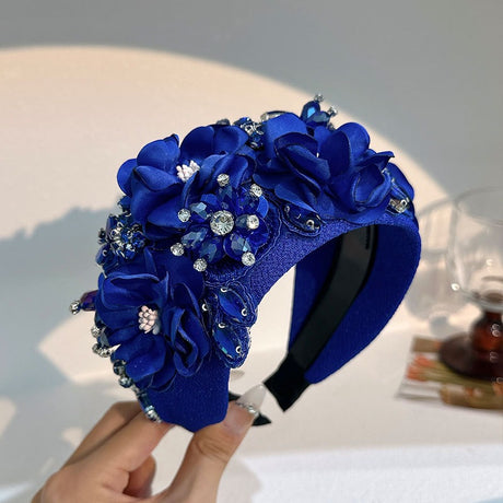 Solid color fabric flower oversized wide edged crystal headband - V.I.P Digital Presence