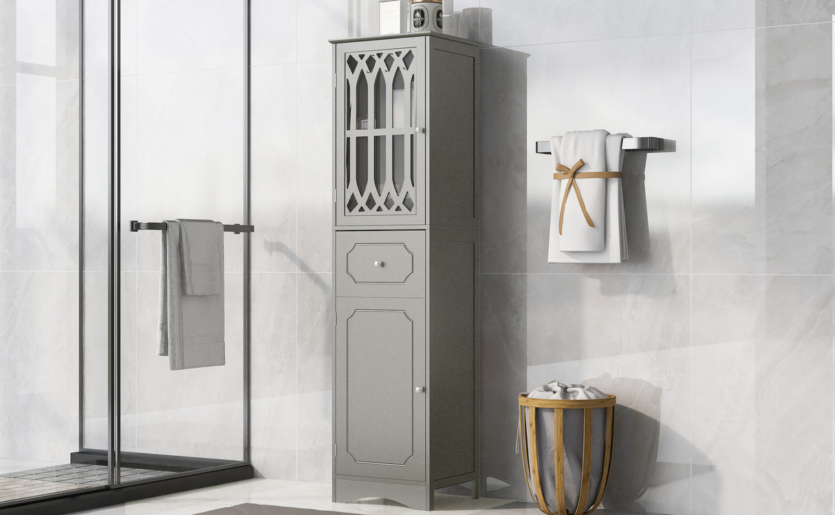 Tall Bathroom Cabinet, Freestanding Storage Cabinet with Drawer and Doors, MDF Board, Acrylic Door, Adjustable Shelf, Grey - V.I.P Digital Presence
