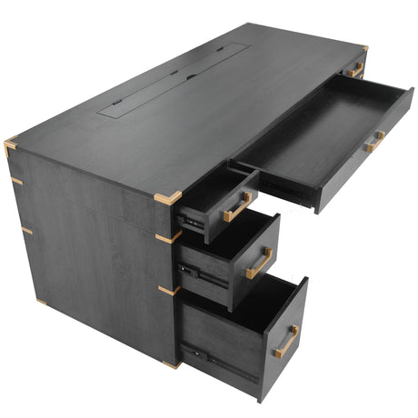 70 inch classic and traditional executive desk with metal trim, writing desk with 2 file drawers, USB ports, and sockets, black - V.I.P Digital Presence