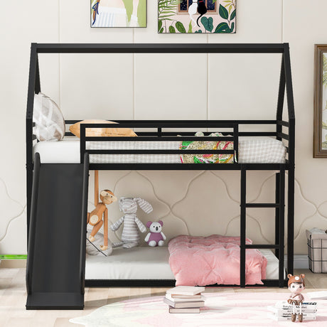 Twin over Twin House Bunk Bed with Ladder and Slide,Black - V.I.P Digital Presence