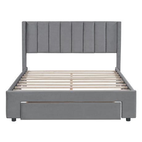 Full Size Storage Bed Velvet Upholstered Platform Bed with a Big Drawer - Gray - V.I.P Digital Presence