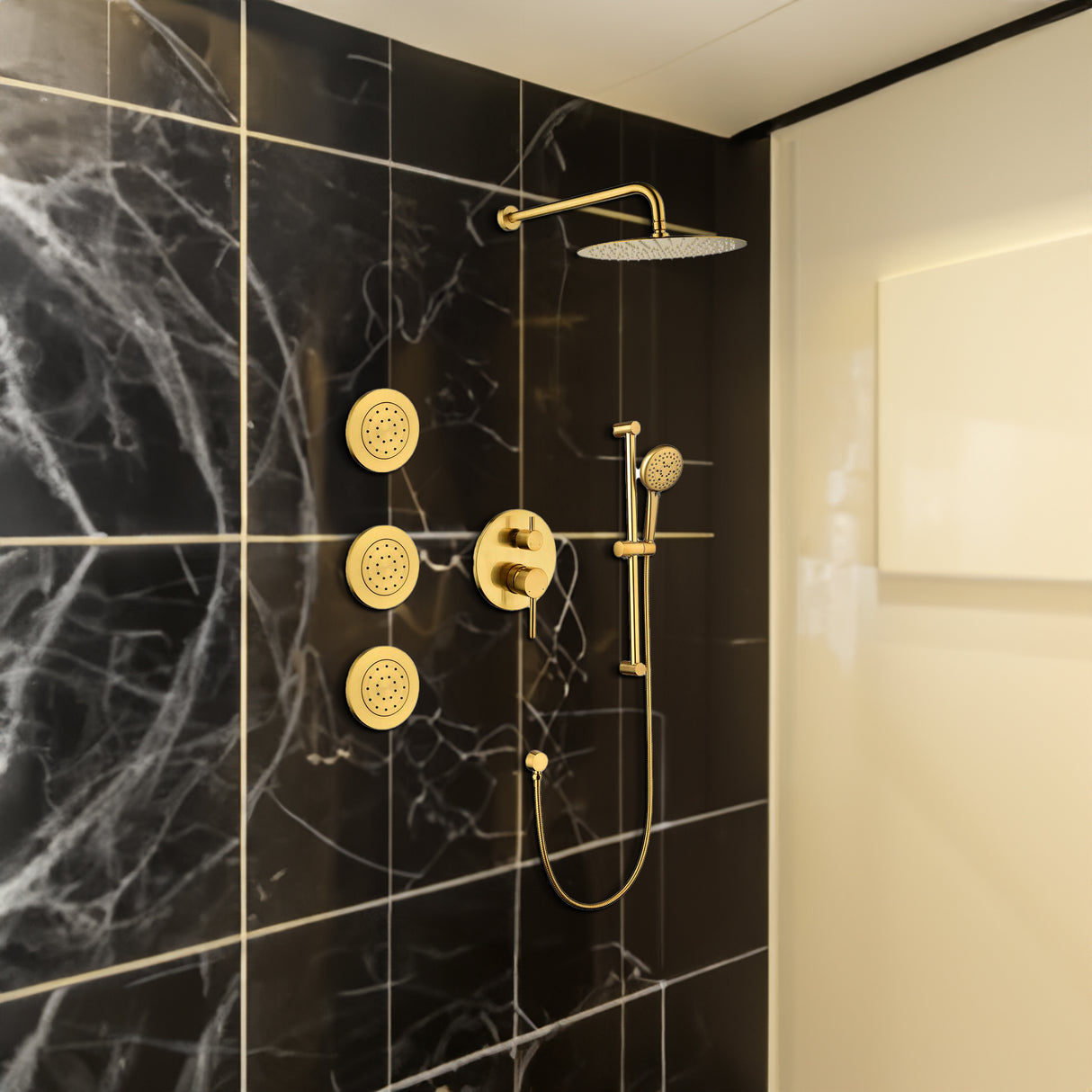 Shower System with Shower Head  Hand Shower Slide Bar Bodysprays, Shower Arm  Hose Valve Trim  and Lever Handles - V.I.P Digital Presence