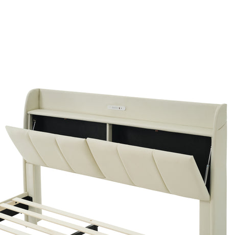 Large floating bed frame with storage headboard, touch sensor, night light and USB charger, padded platform bed, beige color - V.I.P Digital Presence