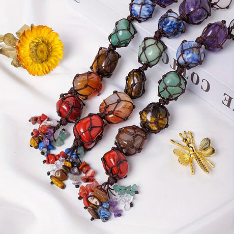 Natural crystal seven color rolling stone car hanging hand woven energy stone shaped mesh bag pendant - V.I.P Digital Presence