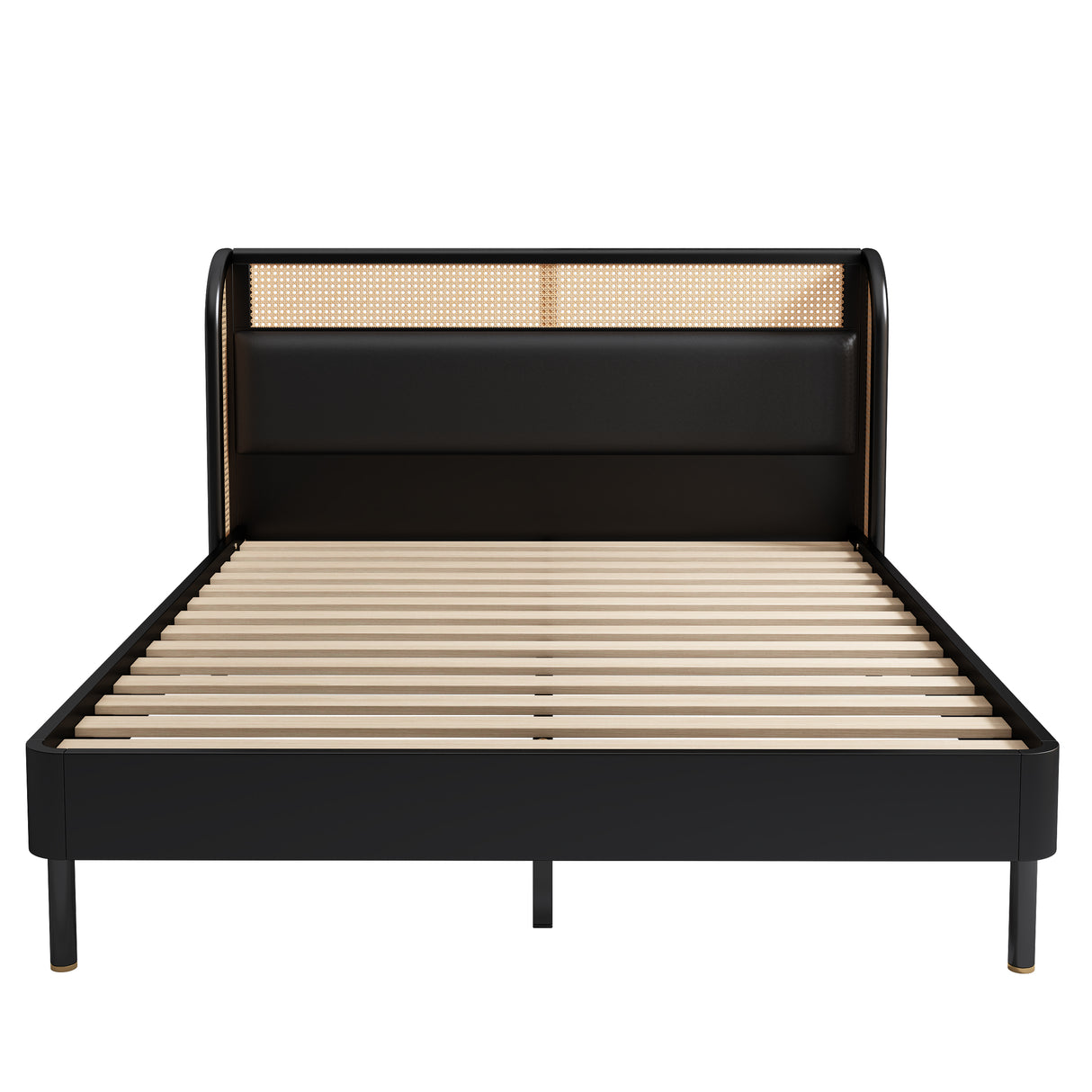 Modern Cannage Rattan Wood Platform Queen Bed Black