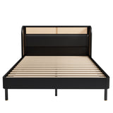Modern Cannage Rattan Wood Platform Queen Bed Black