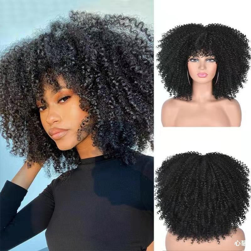 Female Hair African Small Curly Hair Explosion Head Black Chemical Fiber Wig Full Head Set - V.I.P Digital Presence