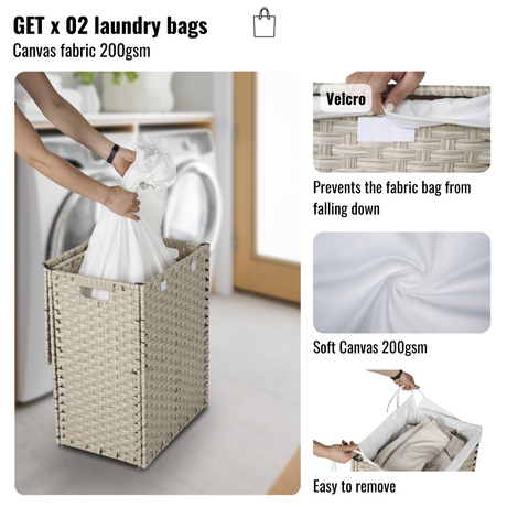 Laundry Hamper With Lid PE Rattan Powder Coating Frame Clothes Hampers with 02 Removable Bags, 100L, Grey Color - V.I.P Digital Presence