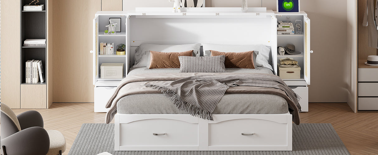 Large Murphy bed wall mounted bed with drawers, 2 storage cabinets, 1 set of sockets and USB ports, white - V.I.P Digital Presence