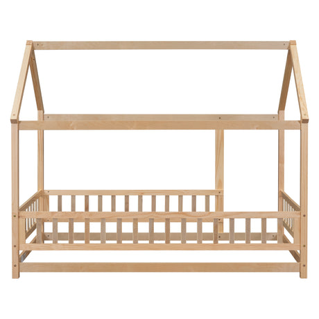 Twin Size Floor Wooden Bed with House Roof Frame, Fence Guardrails - V.I.P Digital Presence