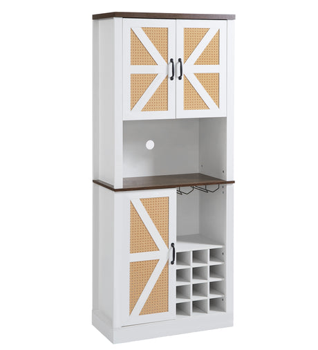 76 Inch Tall Farmhouse Kitchen Faux Rattan Wine Cabinet, Kitchen Bar Cabinet with Square Compartments and Shelves - V.I.P Digital Presence