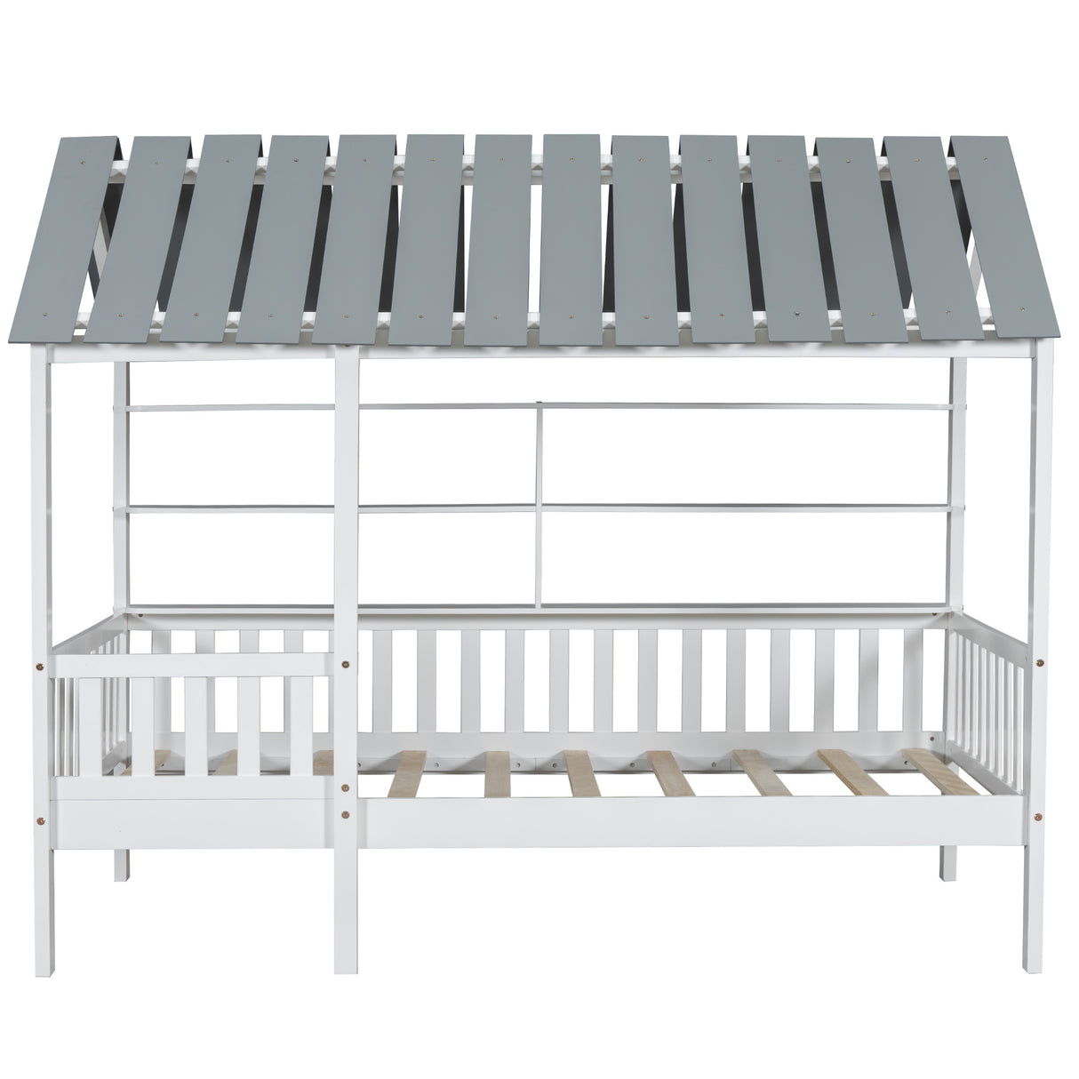 Wood Twin Size House Bed with Roof, Guardrail and Shelves, White - V.I.P Digital Presence