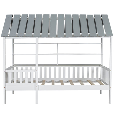 Wood Twin Size House Bed with Roof, Guardrail and Shelves, White - V.I.P Digital Presence