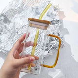 Square colored handle cup glass straw cup with lid milk tea cup with large capacity - V.I.P Digital Presence