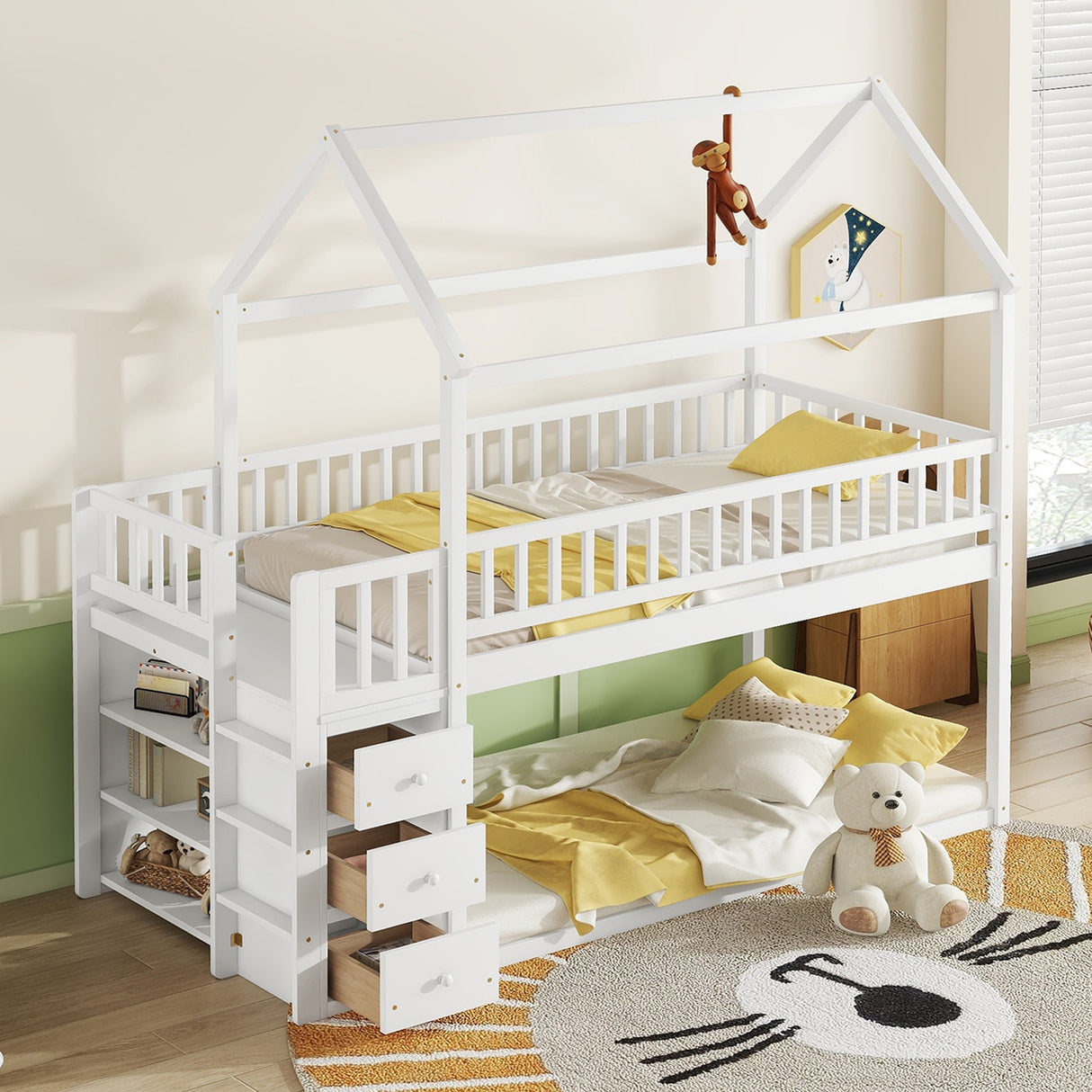 TWIN/TWIN HOUSE BUNK BED WITH SHELVES AND DRAWERS FOR WHITE COLOR - V.I.P Digital Presence
