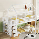 TWIN/TWIN HOUSE BUNK BED WITH SHELVES AND DRAWERS FOR WHITE COLOR - V.I.P Digital Presence
