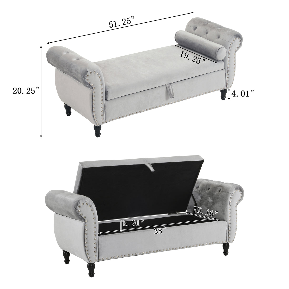 Velvet Multifunctional Storage Rectangular ottoman bench with 1 Pillow, grey - V.I.P Digital Presence