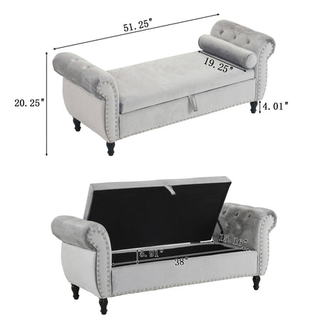 Velvet Multifunctional Storage Rectangular ottoman bench with 1 Pillow, grey - V.I.P Digital Presence