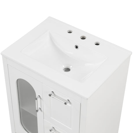 24" Bathroom Vanity with Sink, Bathroom Vanity Cabinet with Two Drawers and Door, Adjustable Shelf, Solid Wood and MDF, White - V.I.P Digital Presence
