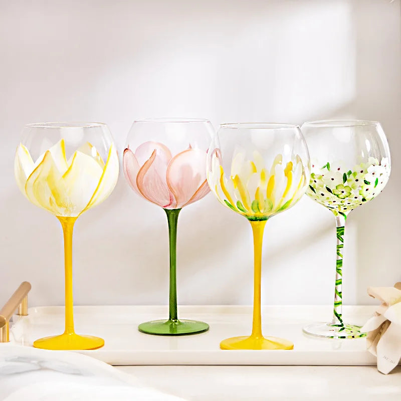 1 Piece Hand Painted Glass Goblet Cup Creative Red Wine Glasses Cup Flower Painted Stemware for Wedding Party Events - V.I.P Digital Presence