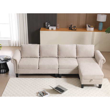 Convertible Sectional Sofa with Storage,L-shaped sofa,Four-seater sofa,Modern Linen Fabric Sectional Couches Beige - V.I.P Digital Presence