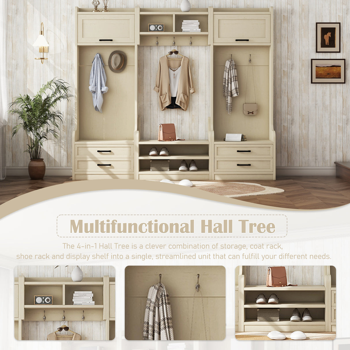 Four in one detachable hall tree with drawers and cabinets, 7 hooks, multifunctional corridor hangers, antique beige shoe stools - V.I.P Digital Presence