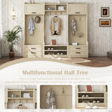 Four in one detachable hall tree with drawers and cabinets, 7 hooks, multifunctional corridor hangers, antique beige shoe stools - V.I.P Digital Presence