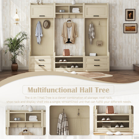 Four in one detachable hall tree with drawers and cabinets, 7 hooks, multifunctional corridor hangers, antique beige shoe stools - V.I.P Digital Presence