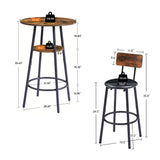 Round bar stool set with shelf upholstered stool with backrest Rustic Brown 23.62'' W x 23.62'' D x 35.43'' H - V.I.P Digital Presence