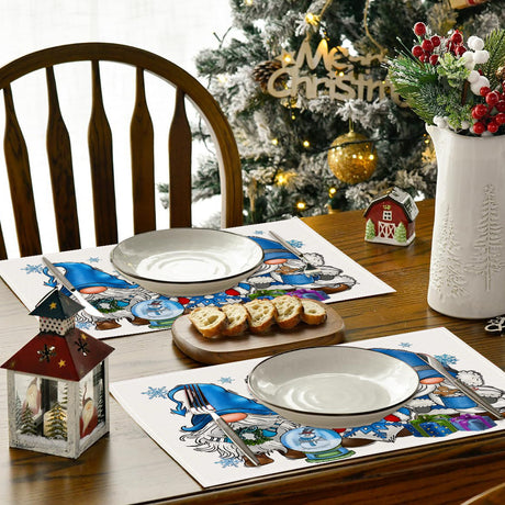Christmas gnome printed placemat blue series linen dining table insulation mat holiday party decoration table mat - V.I.P Digital Presence