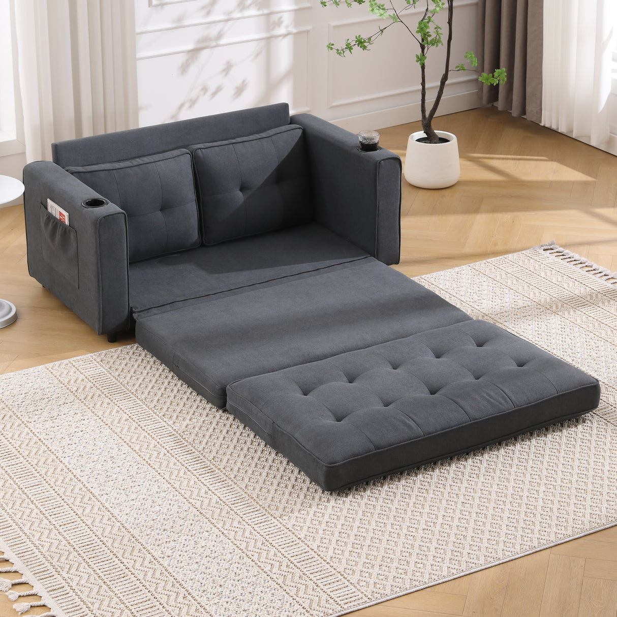 Three in one soft cushion cushion cushion sofa, folding mattress sofa bed, with side pockets and cup holder, dark gray - V.I.P Digital Presence