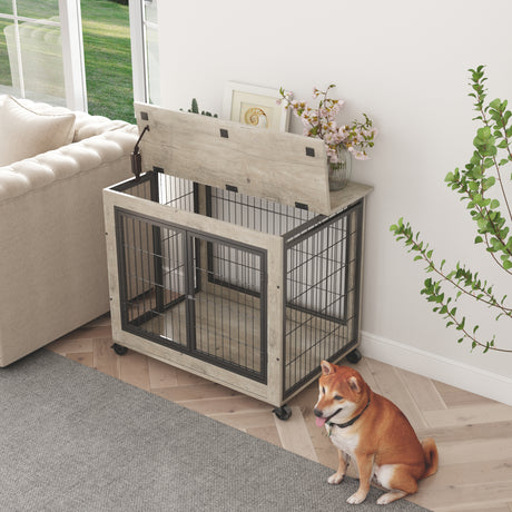 Furniture Dog Cage Crate with Double Doors on Casters. Grey, 31.50'' W x 22.05'' D x 24.8'' H. - V.I.P Digital Presence