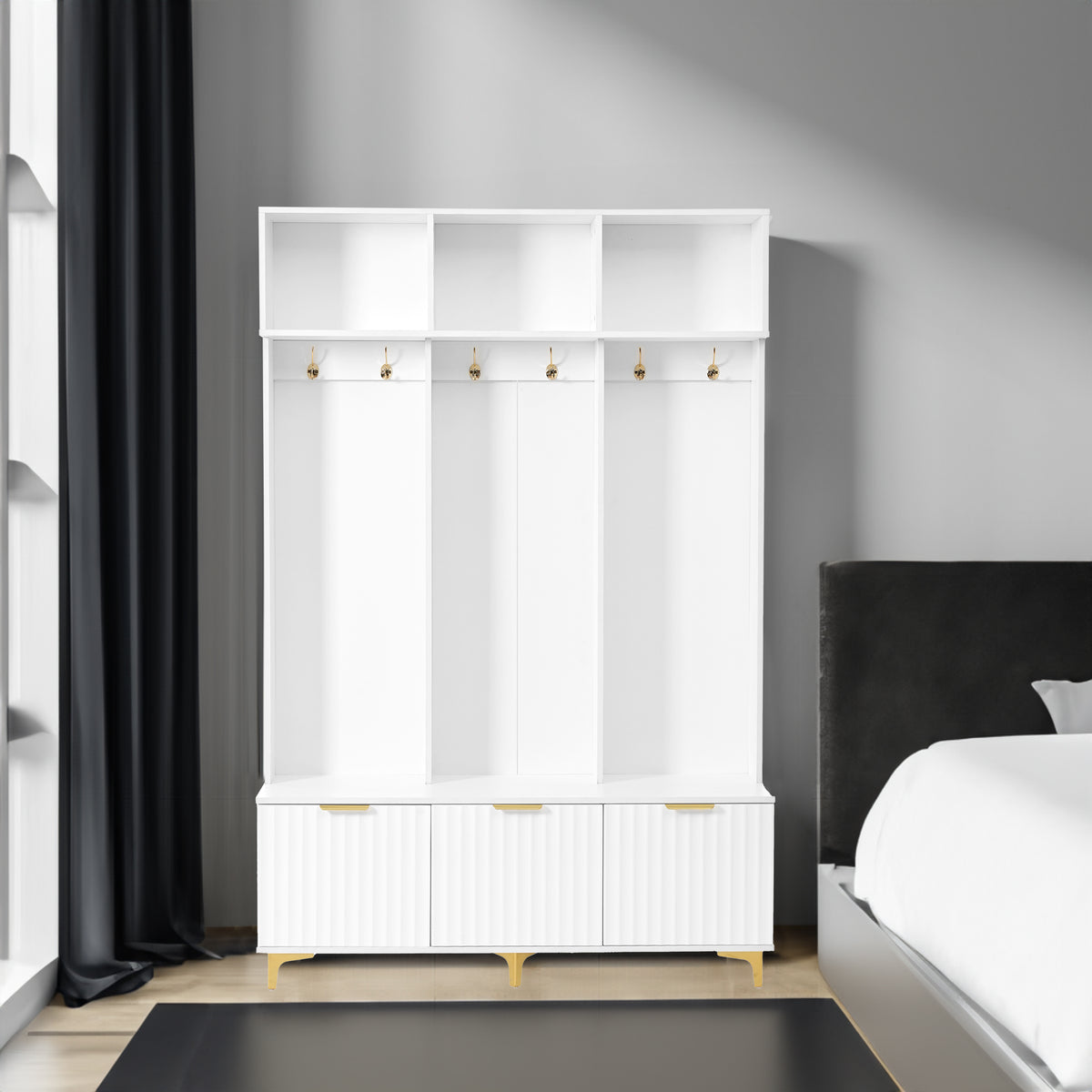 Large storage hall tree with bench, multifunctional storage platform, luxury clothes hanger equipped with 6 gold hooks - V.I.P Digital Presence