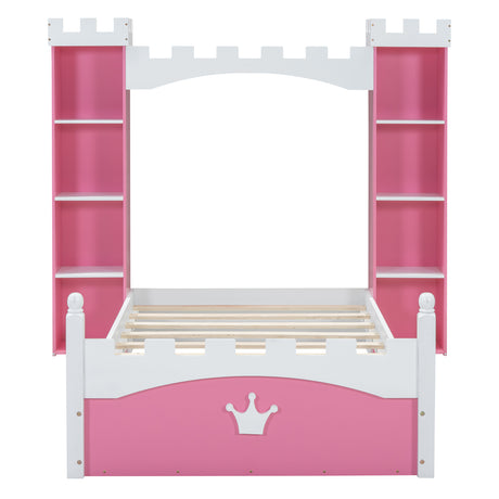 Castle-Shaped Wooden Bed with Storage Shelf, Dreamy Twin Size Platform Bed for Kids Bedroom, Pink+ White - V.I.P Digital Presence
