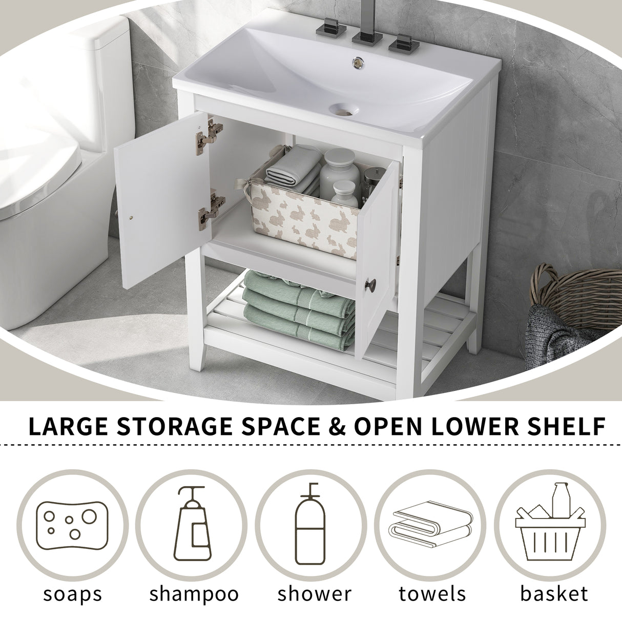 24" Bathroom Vanity Base Only, Soild Wood Frame, Bathroom Storage Cabinet with Doors and Open Shelf, White - V.I.P Digital Presence