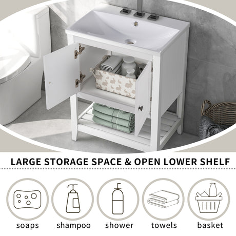 24" Bathroom Vanity Base Only, Soild Wood Frame, Bathroom Storage Cabinet with Doors and Open Shelf, White - V.I.P Digital Presence