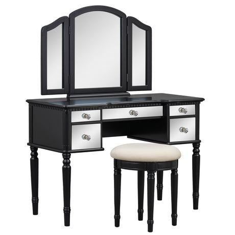 GO 43" Dressing Table Set with Mirrored Drawers and Stool, Tri-fold Mirror, Makeup Vanity Set for Bedroom, Black - V.I.P Digital Presence
