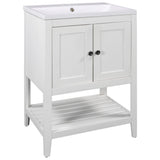 24" White Modern Sleek Bathroom Vanity Elegant Ceramic Sink with Solid Wood Frame Open Style Shelf - V.I.P Digital Presence