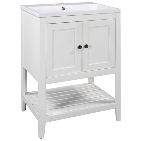 24" White Modern Sleek Bathroom Vanity Elegant Ceramic Sink with Solid Wood Frame Open Style Shelf - V.I.P Digital Presence