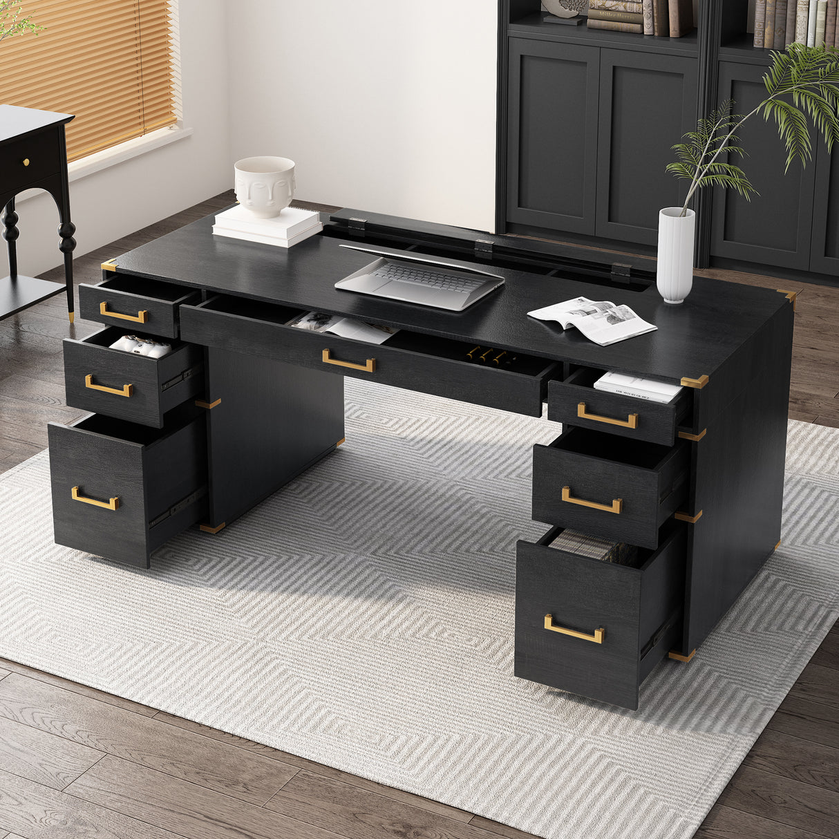 70 inch classic and traditional executive desk with metal trim, writing desk with 2 file drawers, USB ports, and sockets, black - V.I.P Digital Presence